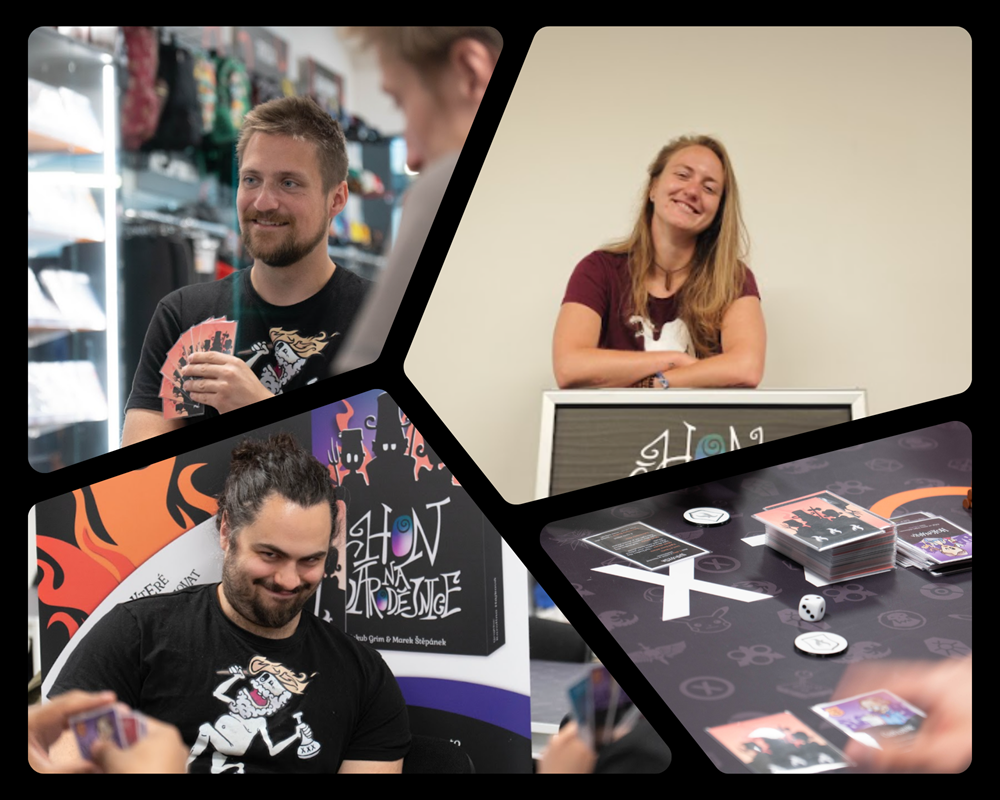 Photo: trio of authors at a table with cards.